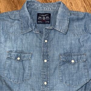 American Eagle Snap Up Denim Shirt Men's Size XLT Vintage Fit Blue Western Rodeo